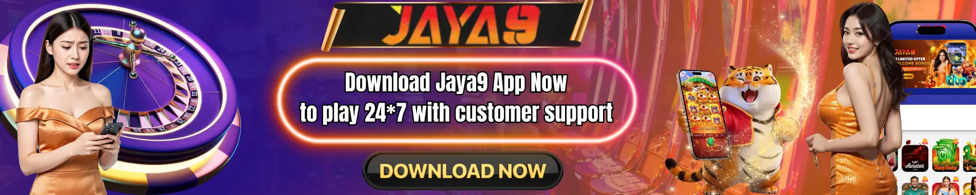 download app banner with 24x7 gaming and customer support
